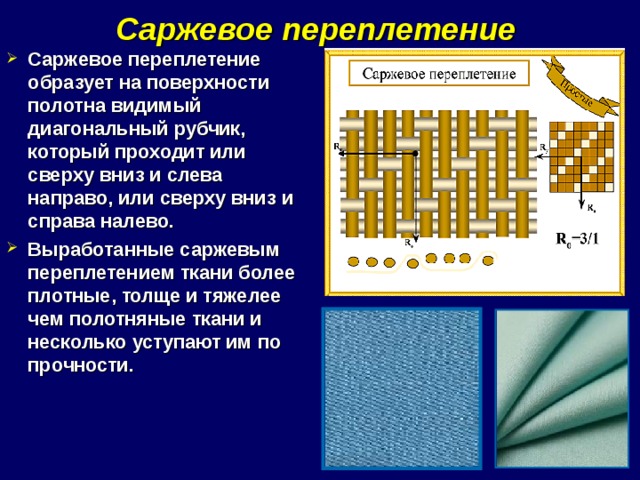 Саржевое переплетение  Саржевое переплетение образует на поверхности полотна видимый диагональный рубчик, который проходит или сверху вниз и слева направо, или сверху вниз и справа налево. Выработанные саржевым переплетением ткани более плотные, толще и тяжелее чем полотняные ткани и несколько уступают им по прочности.  