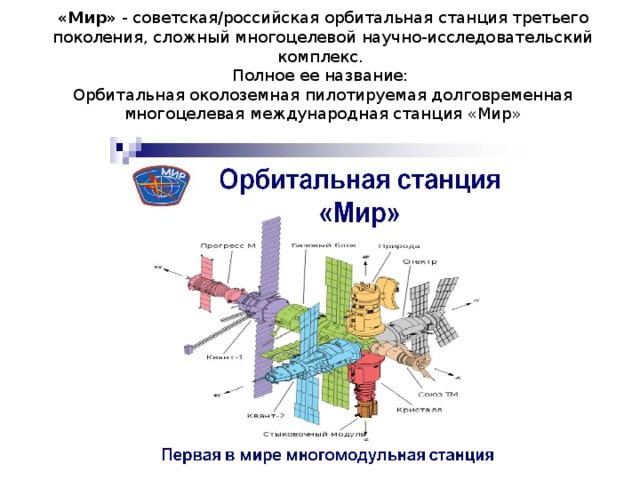 «Мир»  - советская/российская орбитальная станция третьего поколения, сложный многоцелевой научно-исследовательский комплекс.  Полное ее название:  Орбитальная околоземная пилотируемая долговременная многоцелевая международная станция «Мир» 