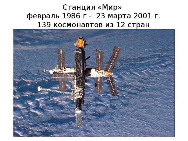 Станция «Мир»  февраль 1986 г - 23 марта 2001 г.  139 космонавтов из 12 стран   