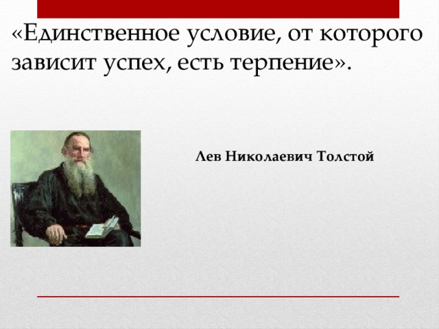 «Единственное условие, от которого зависит успех, есть терпение». Лев Николаевич Толстой