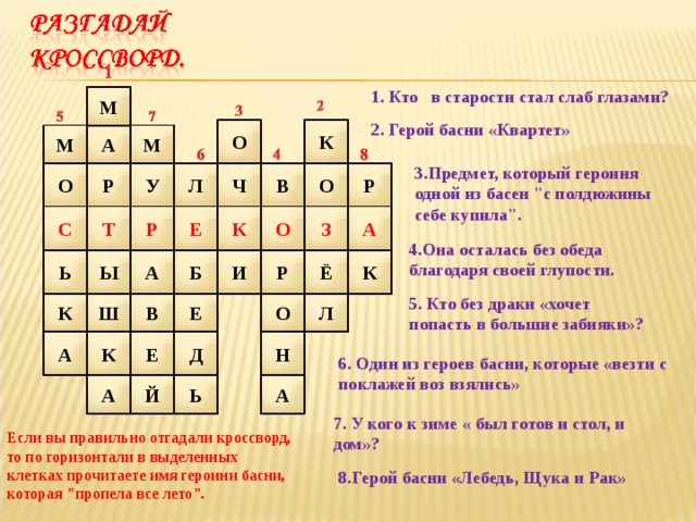 1. Кто в старости стал слаб глазами? М 2. Герой басни «Квартет» О К А М М 3.Предмет, который героиня одной из басен 