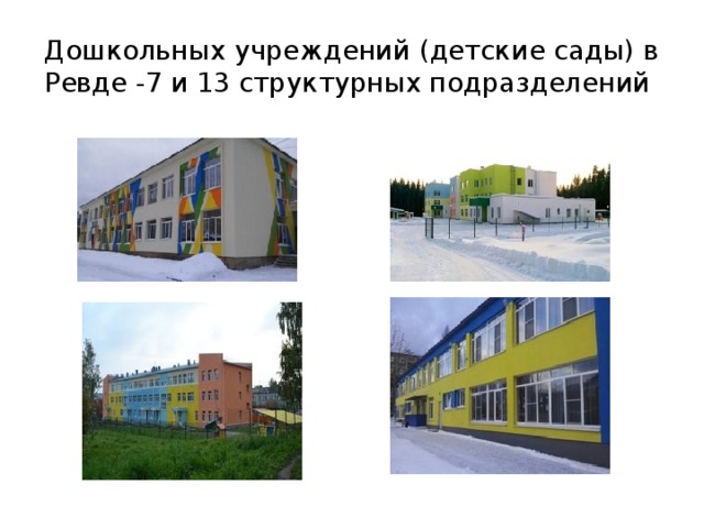 Дошкольных учреждений (детские сады) в Ревде -7 и 13 структурных подразделений 