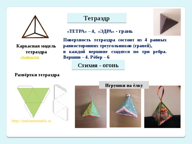 Тетраэдр «ТЕТРА» – 4, «ЭДРА» - грань Поверхность тетраэдра состоит из 4 равных равносторонних треугольников (граней), в каждой вершине сходятся по три ребра. Вершин – 4. Рёбер – 6 Каркасная модель тетраэдра Стихия - огонь Развёртки тетраэдра  Игрушки на ёлку https://urokimatematiki.ru