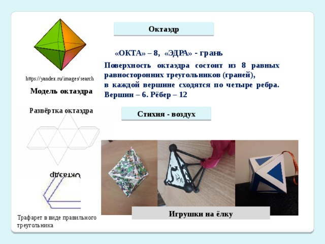 Октаэдр «ОКТА» – 8, «ЭДРА» - грань Поверхность октаэдра состоит из 8 равных равносторонних треугольников (граней), в каждой вершине сходятся по четыре ребра. Вершин – 6. Рёбер – 12 https://yandex.ru/images/search Модель октаэдра Развёртка октаэдра Стихия - воздух Игрушки на ёлку Трафарет в виде правильного треугольника
