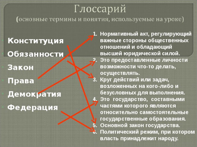 Нормативный акт, регулирующий важные стороны общественных отношений и обладающий высшей юридической силой. Это предоставленные личности возможности что-то делать, осуществлять. Круг действий или задач, возложенных на кого-либо и безусловных для выполнения. Это государство, составными частями которого являются относительно самостоятельные государственные образования. Основной закон государства. Политический режим, при котором власть принадлежит народу.    Конституция Обязанности Закон Права Демократия Федерация   