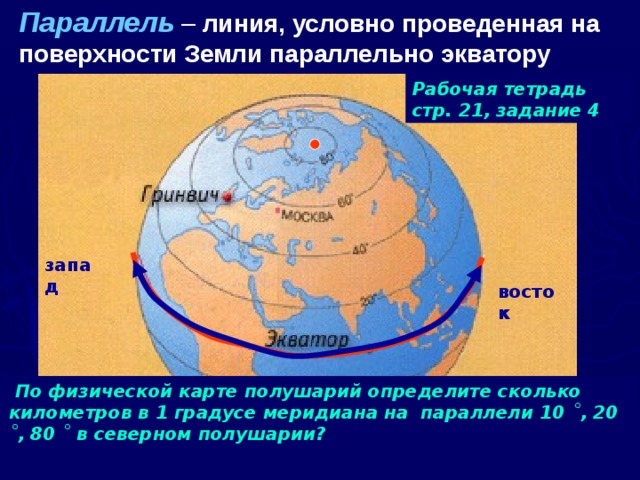 Параллель – линия, условно проведенная на поверхности Земли параллельно экватору Рабочая тетрадь стр. 21, задание 4 запад  восток  По физической карте полушарий определите сколько километров в 1 градусе меридиана на параллели 10 ˚, 20 ˚, 80 ˚ в северном полушарии?  Протяженность экватора 40 000 км, в градусах - 360 ˚. Определите сколько километров в одном градусе меридиана на экваторе?   Какое направление показывают параллели? Определите самую маленькую по протяженности параллель. Определите самую протяженную параллель.  Какую форму имеют параллели на карте полушарий  Какова длина параллелей в километрах?  Какова длина параллелей в градусах?  Какую форму имеют параллели на глобусе 40 000 : 360 = 111 км 