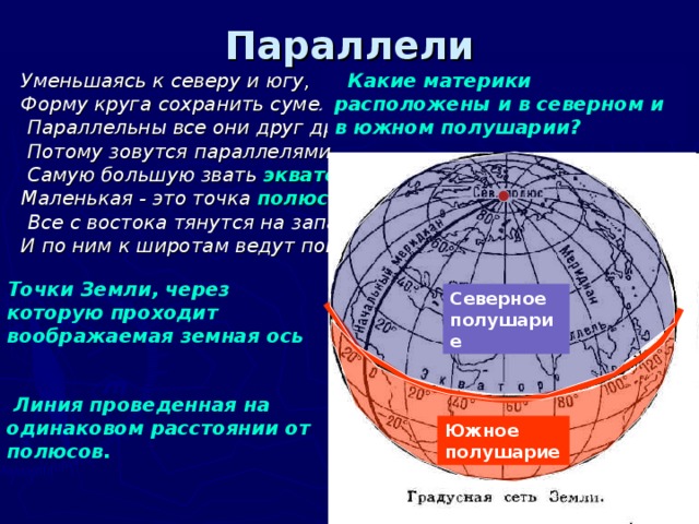 Параллели Уменьшаясь к северу и югу, Форму круга сохранить сумели.  Параллельны все они друг другу,  Потому зовутся параллелями.  Самую большую звать экватор,  Маленькая - это точка полюс.  Все с востока тянутся на запад, И по ним к широтам ведут поиск.   Какие материки расположены и в северном и в южном полушарии? Какие материки пересекает экватор?  На какие полушария экватор делит Земной шар? Точки Земли, через которую проходит воображаемая земная ось Северное полушарие  Линия проведенная на одинаковом расстоянии от полюсов. Южное полушарие 