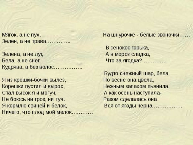 Сенокос горькая в мороз сладко. Мягок а не пух зелен а не трава. В сенокос горька а в Мороз Сладка. Зелена а не луг бела а не снег кудрява а без волос. Зелёный но не трава мягкая но не пух.