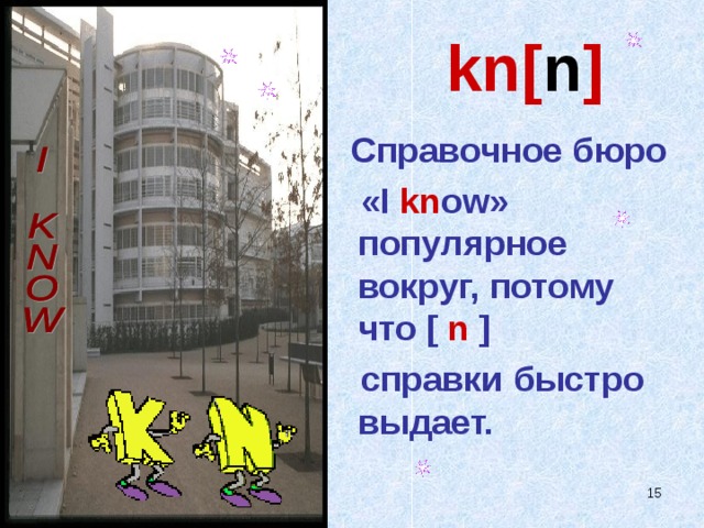 kn[ n ]  Справочное бюро   « I kn ow »  популярное вокруг,  потому что [ n ]  справки быстро  выдает.   
