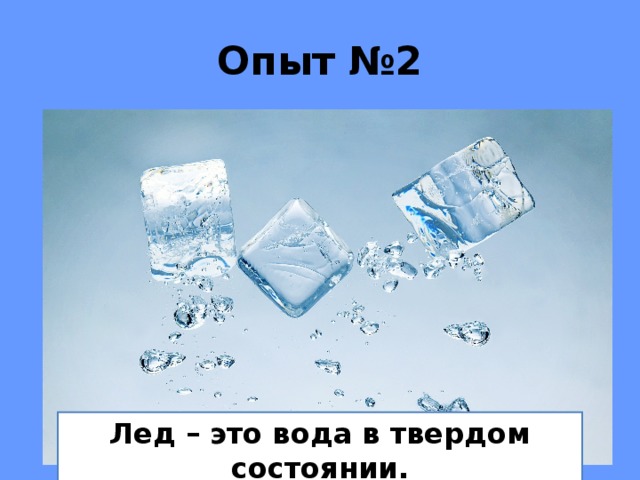 Опыт №2 Лед – это вода в твердом состоянии. 