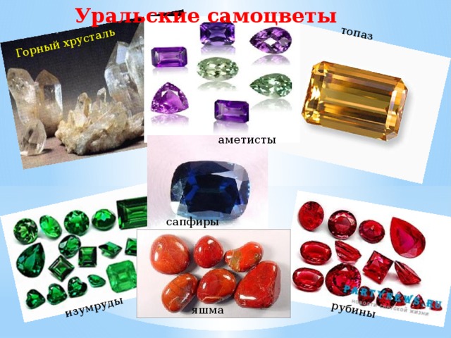 Уральские самоцветы Горный хрусталь топаз изумруды рубины аметисты аметисты сапфиры яшма 