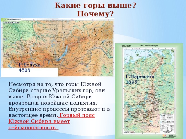 Какие горы выше? Почему? Г.Белуха 4506 Г.Народная 1895 Несмотря на то, что горы Южной Сибири старше Уральских гор, они выше. В горах Южной Сибири произошли новейшие поднятия. Внутренние процессы протекают и в настоящее время . Горный пояс Южной Сибири имеет сейсмоопасность . 