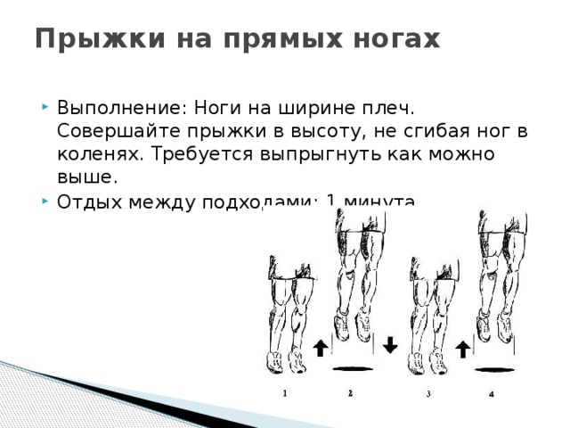 Прыжки на прямых ногах   Выполнение: Ноги на ширине плеч. Совершайте прыжки в высоту, не сгибая ног в коленях. Требуется выпрыгнуть как можно выше. Отдых между подходами: 1 минута. 