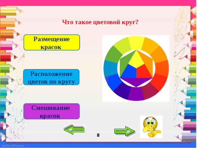Что такое цветовой круг? Размещение красок Расположение цветов по кругу Смешивание красок 8