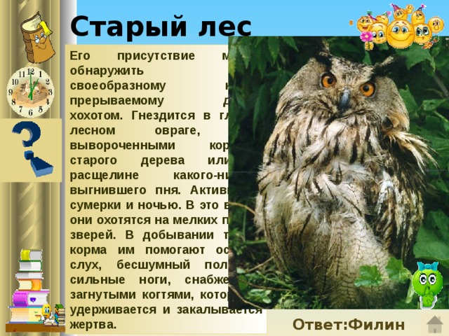    Старый лес    Его присутствие можно обнаружить по своеобразному крику, прерываемому диким хохотом. Гнездится в глухом лесном овраге, под вывороченными корнями старого дерева или в расщелине какого-нибудь выгнившего пня. Активны в сумерки и ночью. В это время они охотятся на мелких птиц и зверей. В добывании такого корма им помогают острый слух, бесшумный полет и сильные ноги, снабженные загнутыми когтями, которыми удерживается и закалывается жертва.       Ответ:Филин 