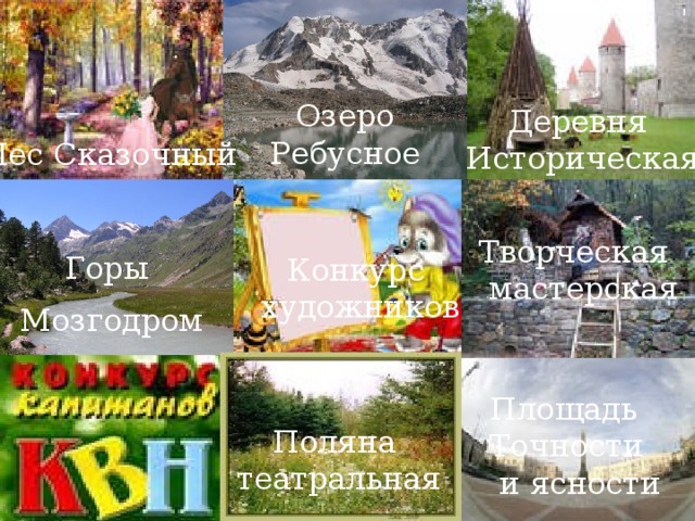 Озеро  Ребусное Деревня  Историческая Лес Сказочный Творческая  мастерская Горы Мозгодром Конкурс художников Площадь Точности  и ясности Поляна театральная