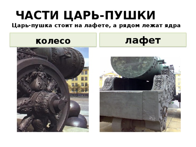  ЧАСТИ ЦАРЬ-ПУШКИ  Царь-пушка стоит на лафете, а рядом лежат ядра колесо лафет 