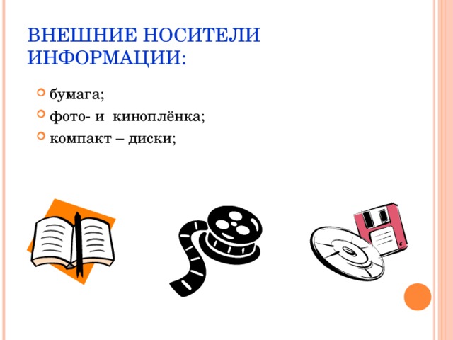 ВНЕШНИЕ НОСИТЕЛИ ИНФОРМАЦИИ: бумага; фото- и киноплёнка; компакт – диски; 