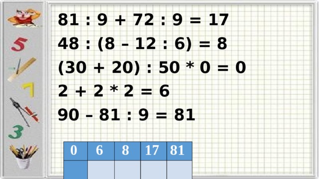 81 : 9 + 72 : 9 = 17 48 : (8 – 12 : 6) = 8 (30 + 20) : 50 * 0 = 0 2 + 2 * 2 = 6 90 – 81 : 9 = 81 0    6  8    17    81      