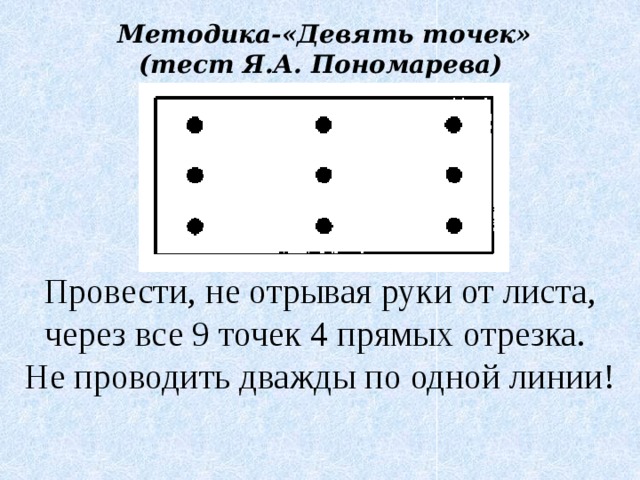 9 точек 4 отрезка. Методика «девять точек» (тест я.а. Пономарева). Тест Пономарева 9 точек. Методика девять точек тест. Девять точек методика тест Пономарева.