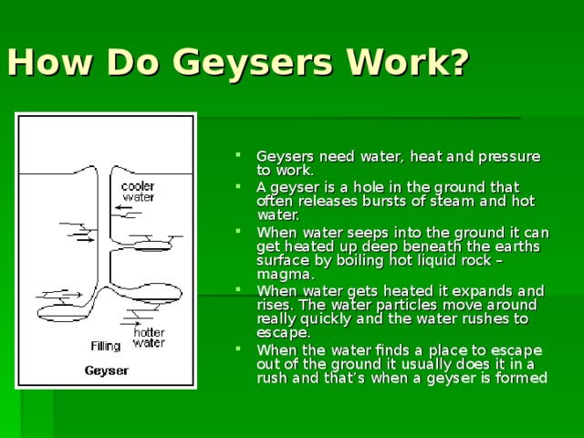How Do Geysers Work? Geysers need water, heat and pressure to work. A geyser is a hole in the ground that often releases bursts of steam and hot water. When water seeps into the ground it can get heated up deep beneath the earths surface by boiling hot liquid rock – magma. When water gets heated it expands and rises. The water particles move around really quickly and the water rushes to escape. When the water finds a place to escape out of the ground it usually does it in a rush and that’s when a geyser is formed  