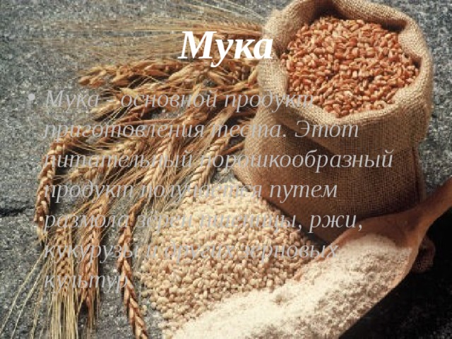 Мука Мука - основной продукт приготовления теста. Этот питательный порошкообразный продукт получается путем размола зёрен пшеницы, ржи, кукурузы и других зерновых культур. 