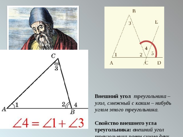 Евклид   (325 г. до н. э. – 265 г. до н. э.) - древнегреческий математик, «отец геометрии».  Внешний угол треугольника – угол, смежный с каким – нибудь углом этого треугольника.   Свойство внешнего угла треугольника: внешний угол треугольника равен сумме двух углов треугольника, не смежных с ним. 