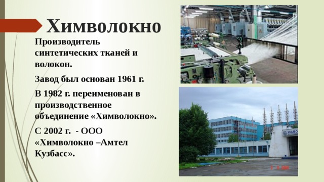 Химволокно Производитель синтетических тканей и волокон. Завод был основан 1961 г. В 1982 г. переименован в производственное объединение «Химволокно». С 2002 г. - ООО «Химволокно –Амтел Кузбасс». 