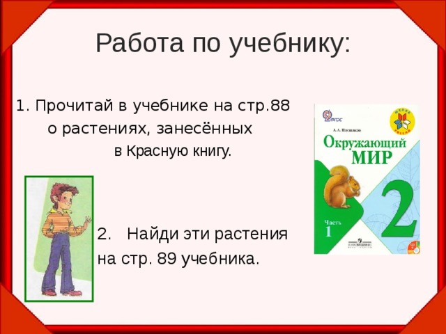 Работа по учебнику: 1. Прочитай в учебнике на стр.88 о растениях, занесённых  в Красную книгу.   Найди эти растения на стр. 89 учебника.  