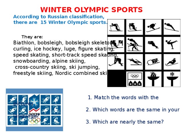 According to Russian classification, there are 15 Winter Olympic sports.    They are: Biathlon, bobsleigh, bobsleigh skeleton, curling, ice hockey, luge, figure skating, speed skating, short-track speed skating, snowboarding, alpine skiing,  cross-country skiing, ski jumping, freestyle skiing, Nordic combined skiing.  1. Match the words with the pictures.  2. Which words are the same in your language?  3. Which are nearly the same? WINTER OLYMPIC SPORTS 