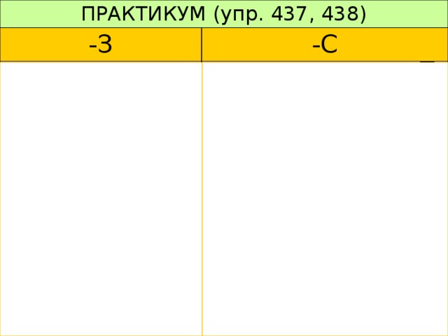 ПРАКТИКУМ (упр. 437, 438) -З -С Безболезненный, вознаградить, взмахнуть, низвергаться, изгибаться, разжимать, безжизненный, безвкусный. Бесплатный, бескозырка, воспеть, вскрикнуть, испортить, бесшумный, бесчисленный, сдавать, расчертить, расщедриться, бесчувственный, расшевелить, сжимать, расщелина. 