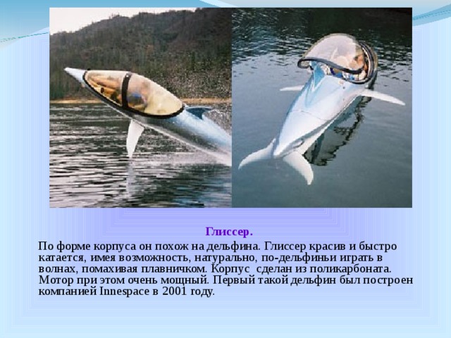  Глиссер.  По форме корпуса он похож на дельфина. Глиссер красив и быстро катается, имея возможность, натурально, по-дельфиньи играть в волнах, помахивая плавничком. Корпус сделан из поликарбоната. Мотор при этом очень мощный. Первый такой дельфин был построен компанией Innespace в 2001 году. 