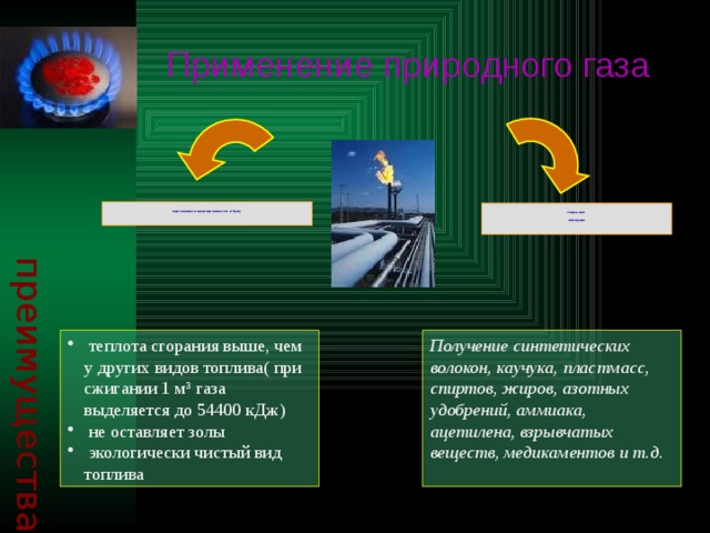 преимущества Применение природного газа  как топливо в промышленности и быту    сырье для химпрома    теплота сгорания выше, чем у других видов топлива( при сжигании 1 м 3 газа выделяется до 54400 кДж)  не оставляет золы  экологически чистый вид топлива Получение синтетических волокон, каучука, пластмасс, спиртов, жиров, азотных удобрений, аммиака, ацетилена, взрывчатых веществ, медикаментов и т.д.   4 