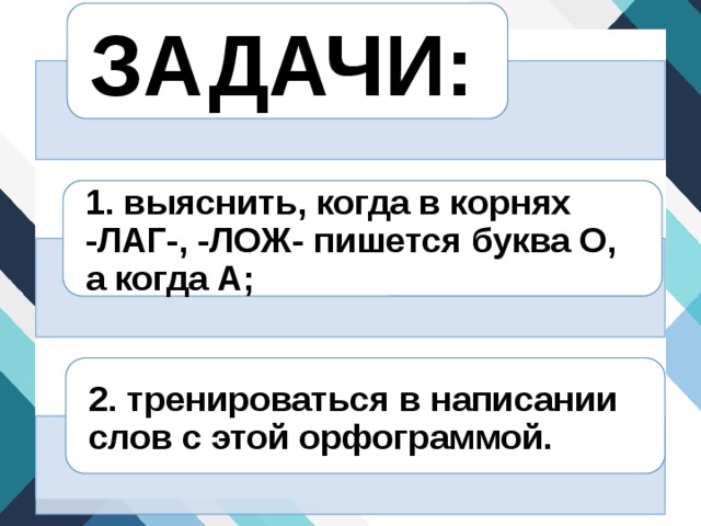 ЗАДАЧИ: 1. выяснить, когда в корнях -ЛАГ-, -ЛОЖ- пишется буква О, а когда А;  2. тренироваться в написании слов с этой орфограммой. 