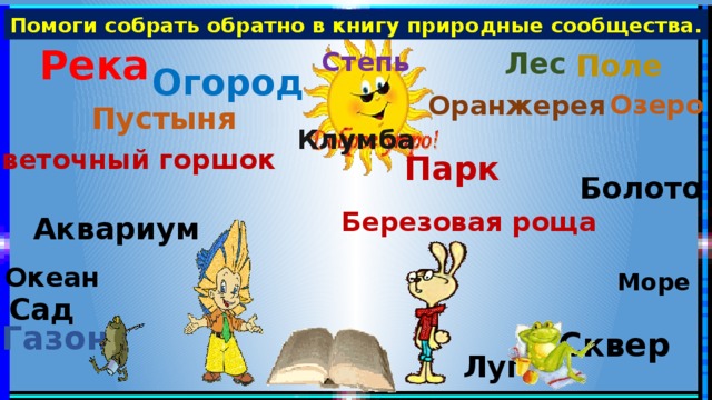 Помоги собрать обратно в книгу природные сообщества. Река Степь Лес Поле Огород Озеро Оранжерея Пустыня Клумба Цветочный горшок Парк Болото Березовая роща  Аквариум Океан Море Сад Газон Сквер Луг 