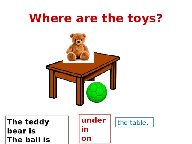 Where are the toys? under in on The teddy bear is The ball is the table. 