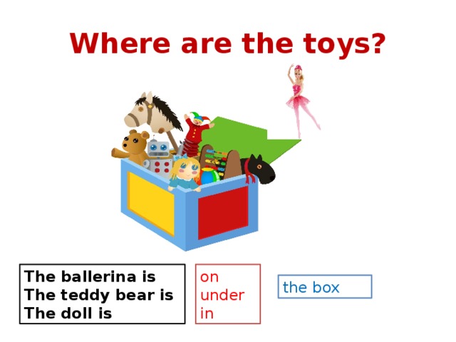 Where are the toys? The ballerina is on The teddy bear is under The doll is in the box 