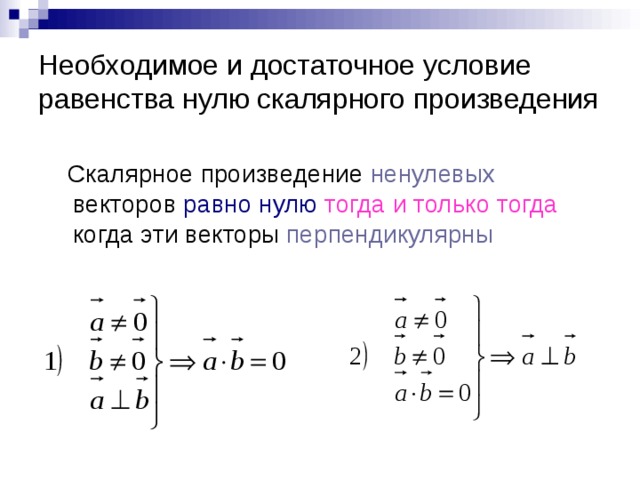Необходимое и достаточное условие равенства нулю скалярного произведения Скалярное произведение ненулевых векторов равно нулю  тогда и только тогда когда эти векторы перпендикулярны 