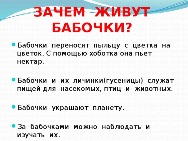 ЗАЧЕМ ЖИВУТ БАБОЧКИ? Бабочки переносят пыльцу с цветка на цветок. С помощью хоботка она пьет нектар. Бабочки и их личинки(гусеницы) служат пищей для насекомых, птиц и животных. Бабочки украшают планету. За бабочками можно наблюдать и изучать их. 