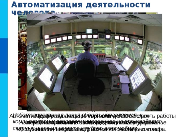 Автоматизация деятельности человека Автоматизация гостиниц. Автоматизация торговли. Профессиональная система «UCS-Shelter». Автоматизированы такие процессы как бронирование, поселение, выселение, работа со счетами гостей. Автоматизация услуг в сфере торговли делает скорость работы персонала значительно выше, поднимает уровень обслуживания покупателей, позволяет вести учет товара. Роботизированная линия сборки, управляемая компьютером и запрограммированная на производство сварных швов на корпусе каждого автомобиля Автоматизация производства  