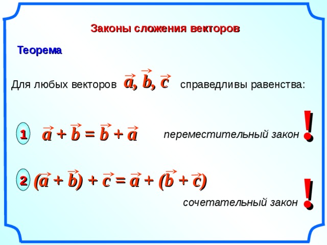 Законы сложения векторов Теорема  a , b,  c Для любых векторов справедливы равенства: !  a + b = b + a 1 переместительный закон  «Геометрия 7-9» Л.С. Атанасян и др. ! ( a + b ) + c = a + (b + c) 2 сочетательный закон  8 