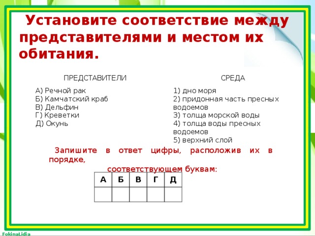 Установите со­от­вет­ствие между пред­ста­ви­те­ля­ми и местом их оби­та­ния.         ПРЕДСТАВИТЕЛИ   А) Реч­ной рак СРЕДА Б) Кам­чат­ский краб   В) Дельфин 1) дно моря Г) Креветки 2) придонная часть пресных водоемов Д) Окунь 3) толща морской воды 4) толща воды пресных водоемов 5) верхний слой Запишите в ответ цифры, расположив их в порядке, соответствующем буквам:     A   Б В   Г   Д     