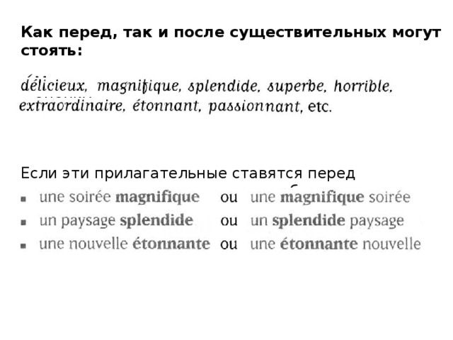 Как перед, так и после существительных могут стоять: Многочисленные прилагательные, дающие оценку: Если эти прилагательные ставятся перед существительным, то они имеют более выразительное (эмоциональное) значение: 