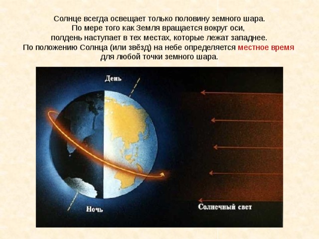Солнце всегда освещает только половину земного шара. По мере того как Земля вращается вокруг оси, полдень наступает в тех местах, которые лежат западнее. По положению Солнца (или звёзд) на небе определяется местное время для любой точки земного шара. 