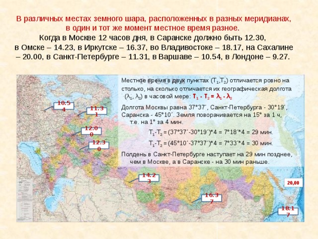 В различных местах земного шара, расположенных в разных меридианах, в один и тот же момент местное время разное. Когда в Москве 12 часов дня, в Саранске должно быть 12.30, в Омске – 14.23, в Иркутске – 16.37, во Владивостоке – 18.17, на Сахалине – 20.00, в Санкт-Петербурге – 11.31, в Варшаве – 10.54, в Лондоне – 9.27. Местное время в двух пунктах (Т 1 ,Т 2 ) отличается ровно на столько, на сколько отличается их географическая долгота (λ 1 , λ 2 ) в часовой мере: Т 1 - Т 2 =  λ 1 - λ 2  Долгота Москвы равна 37°37´, Санкт-Петербурга - 30°19´, Саранска - 45°10´. Земля поворачивается на 15° за 1 ч, т.е. на 1° за 4 мин. Т 1 -Т 2 =  (37°37´-30°19´)*4 = 7°18´*4 = 29 мин. Т 1 -Т 2 =  (45°10´-37°37´)*4 = 7°33´*4 = 30 мин. Полдень в Санкт-Петербурге наступает на 29 мин позднее, чем в Москве, а в Саранске - на 30 мин раньше. 10.54 11.31 12.00 12.30 14.23 20,00 16.37 18.17 
