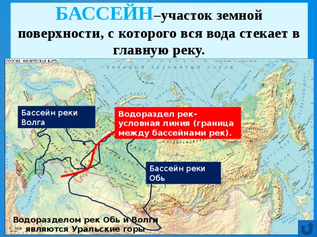 БАССЕЙН –участок земной поверхности, с которого вся вода стекает в главную реку. Бассейн реки Волга Водораздел рек- условная линия (граница между бассейнами рек). Бассейн реки Обь Водоразделом рек Обь и Волги являются Уральские горы 