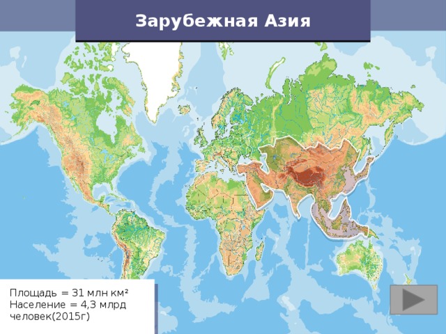 Зарубежная Азия Площадь = 31 млн км 2 Население = 4,3 млрд человек(2015г) 