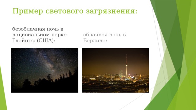 Пример светового загрязнения: безоблачная ночь в национальном парке Глейшер (США): облачная ночь в Берлине: 