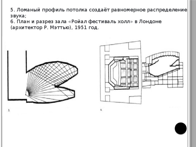 5. Ломаный профиль потолка создаёт равномерное распределение звука; 6. План и разрез зала «Ройал фестиваль холл» в Лондоне (архитектор Р. Мэттью), 1951 год. 