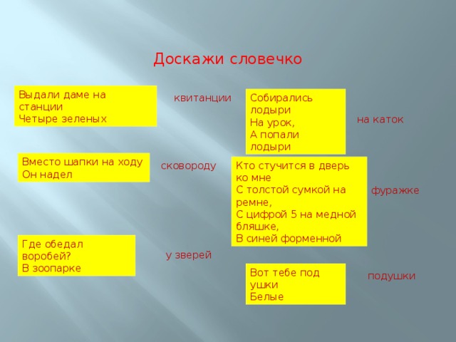 Доскажи словечко Выдали даме на станции Четыре зеленых Собирались лодыри квитанции На урок, А попали лодыри на каток Вместо шапки на ходу Он надел сковороду Кто стучится в дверь ко мне С толстой сумкой на ремне, С цифрой 5 на медной бляшке, В синей форменной фуражке Где обедал воробей? В зоопарке у зверей Вот тебе под ушки Белые подушки 